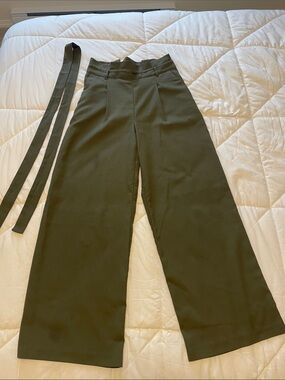 Vero Moda Olive Green High-Waist Wide-Leg Pants with Removable Tie